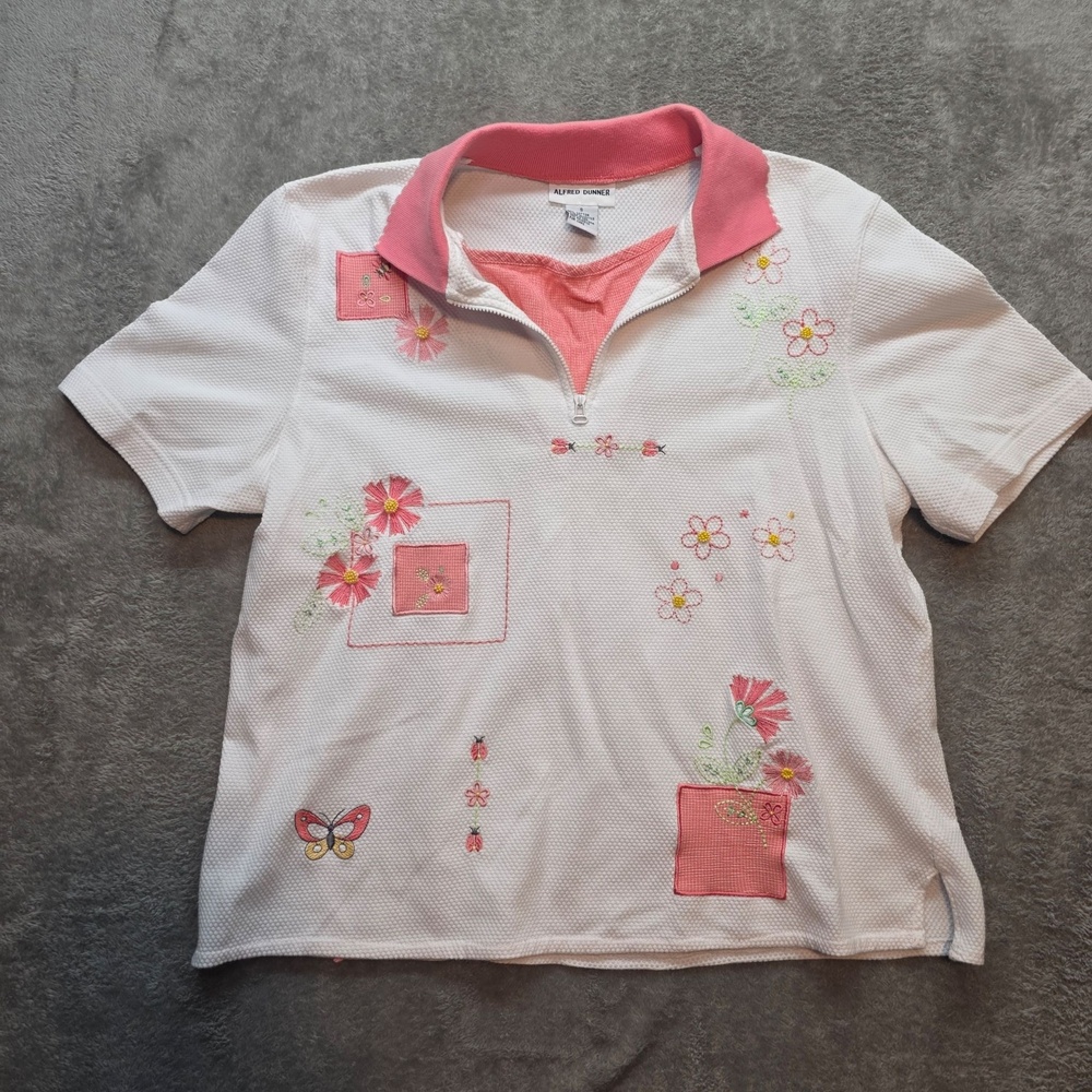 Alfred Dunner Polo Shirt Womens S White Floral Butterfly Embroidered Zip Neck